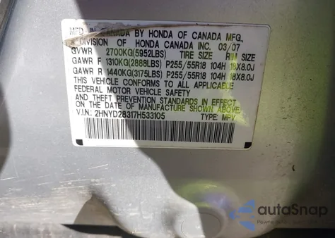 2007 Acura Mdx Technology Package z USA, uszkodzony, nr VIN 2HNYD28317H533105